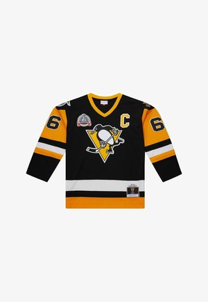 Black hockey jersey with yellow and white stripes. Features a penguin logo, number 6, and captain's letter "C." Made from breathable fabric.
