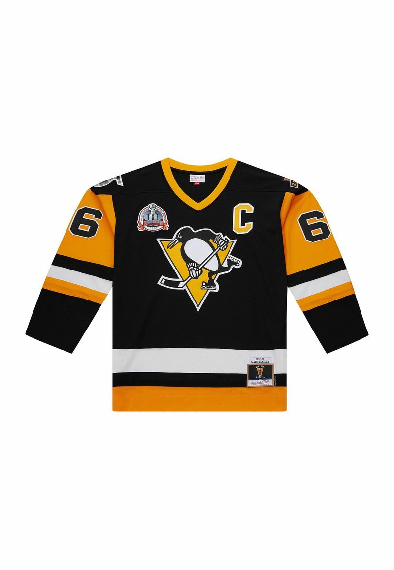 Schwarzes Hockeytrikot mit gelben und weißen Streifen. Mit einem Pinguin-Logo, der Nummer 6 und dem Kapitänszeichen "C". Hergestellt aus atmungsaktivem Material.