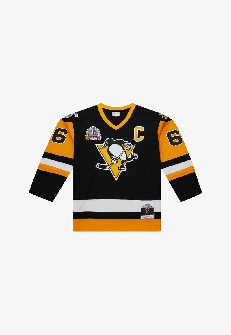Black hockey jersey with yellow and white stripes. Features a penguin logo, number 6, and captain's letter "C." Made from breathable fabric.