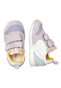 Scarpe da atletica viola e bianche realizzate in materiali a rete e scamosciati, con doppie cinghie in Velcro, punta tonda, collare imbottito e suola in gomma testurizzata.