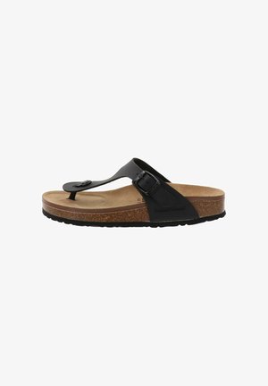 Sandale en cuir noir avec entre-doigts, sangle à boucle réglable, semelle en liège et semelle en caoutchouc texturée.
