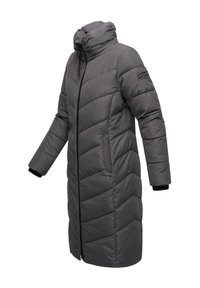 Gray insulated coat with a high collar, diagonal quilted pattern, zippered front, side pockets, and black cuffs.