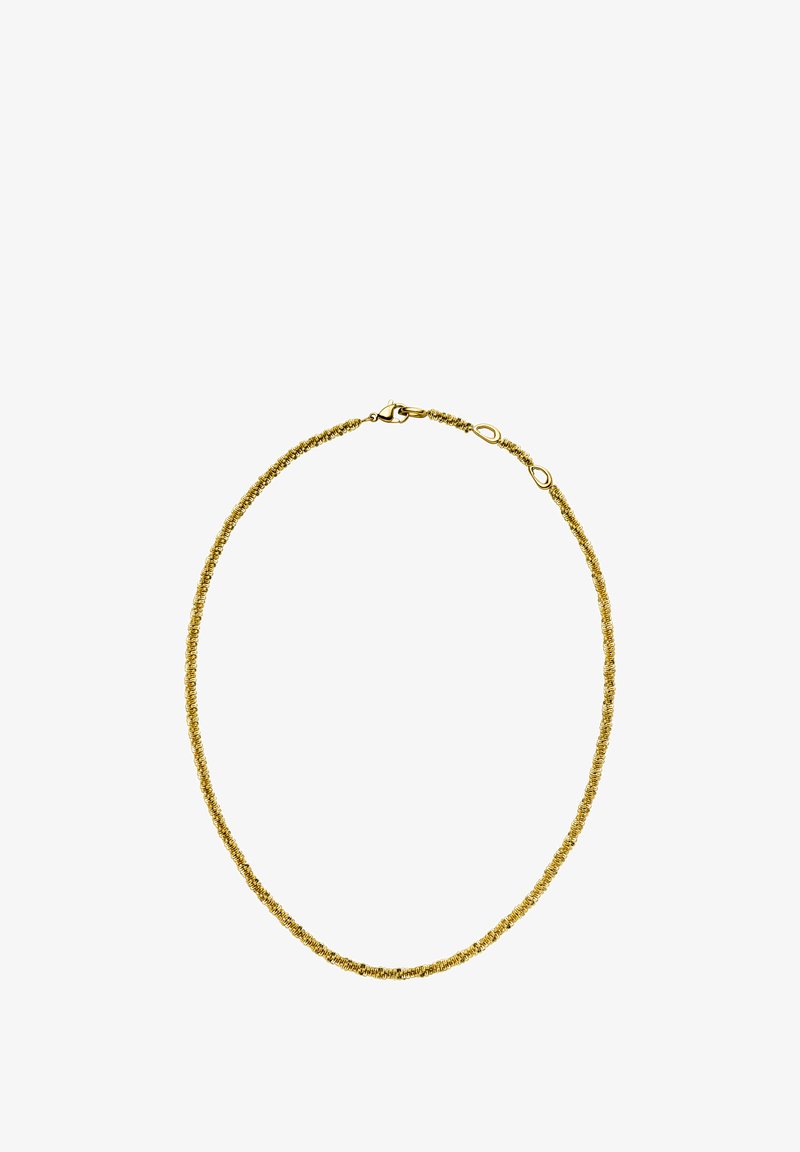 Halskette in Goldtone mit einem gedrehten Drahtdesign, glatter Textur und sicherem Verschluss. Kreisform mit einem zarten, leichten Erscheinungsbild.