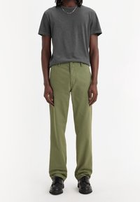 Grå bomullströja med korta ärmar, kombinerad med högmidjade olivgröna byxor och svarta snörskor. Kedjehalsband synligt.