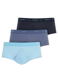 Tre par Jockey kalsonger i mörk marin, dämpad blå och ljusblå. De har elastiska midjeband med logotyp och en åtsittande passform. Material av bomullsblandning.