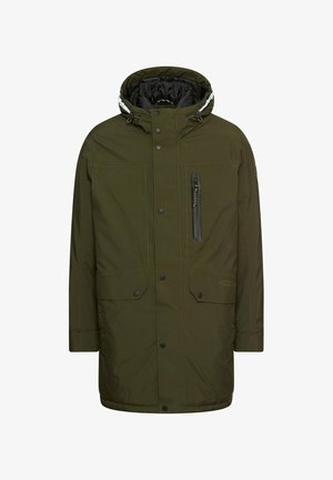 Olivgrüne Jacke mit Kapuze, ausgestattet mit einer Reißverschluss-Brusttasche, zwei Fronttaschen, schwarzem Zubehör und einem steppgefütterten Innenfutter.