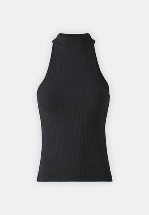 Top negro de cuello alto sin mangas, con forma ajustada y tejido elástico, que presenta una textura sutil y bordes rematados.