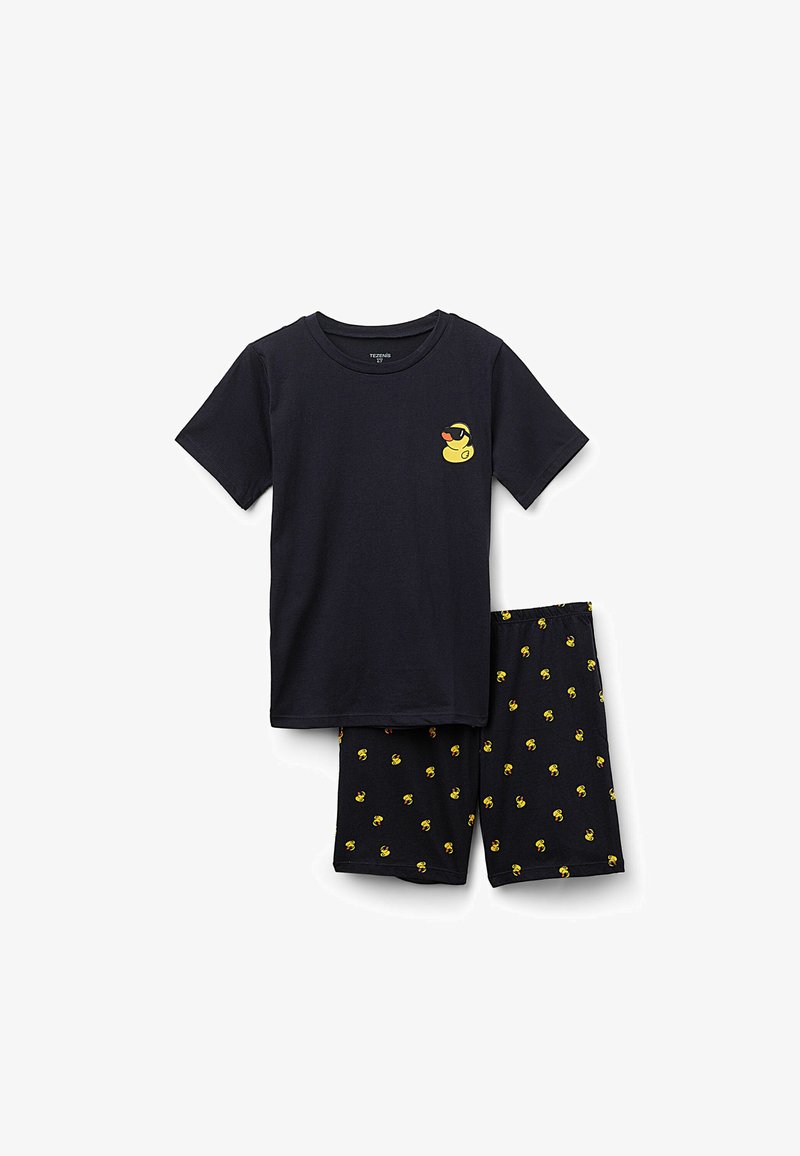 Navy blue cotton pajama set featuring a T-shirt with a yellow rubber duck logo and shorts with a repeating duck pattern. Smooth texture, casual fit.