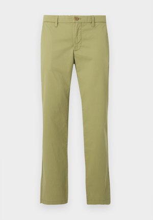 Pantaloni drepti de culoare verde deschis, cu închidere cu nasture și fermoar, bucle pentru curea și fără buzunare vizibile, expuși din față pe un fundal alb.