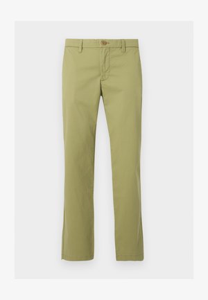 Pantaloni drepti de culoare verde deschis, cu închidere cu nasture și fermoar, bucle pentru curea și fără buzunare vizibile, expuși din față pe un fundal alb.