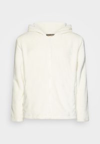 Felpa bianca con zip realizzata in morbido materiale peluche. Presenta un cappuccio, maniche lunghe e una tasca laterale. Design frontale senza cuciture.