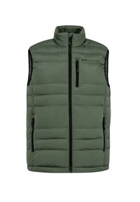 Grüner gepolsterter Weste mit hohem Kragen, schwarzem Reißverschluss vorne und Taschen, mit horizontaler Steppung und Markenlogo auf der Brust.