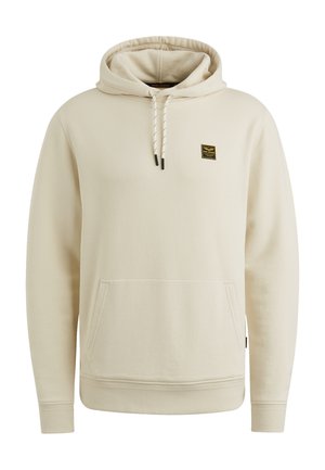 Sudadera con capucha beige, con un bolsillo tipo canguro en la parte frontal, capucha con cordones, puños acanalados y un pequeño logo cuadrado negro y amarillo en el pecho.
