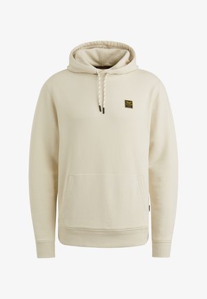 Beige hooded sweatshirt with front kangaroo pocket, drawstring hood, ribbed cuffs, and a small black and yellow square logo on the chest.