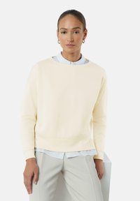 Lichtgele sweatshirt met een ronde hals, lange mouwen en geribbelde manchetten. Draagt over een lichtblauw overhemd met kraag, gecombineerd met lichtgrijze broek.