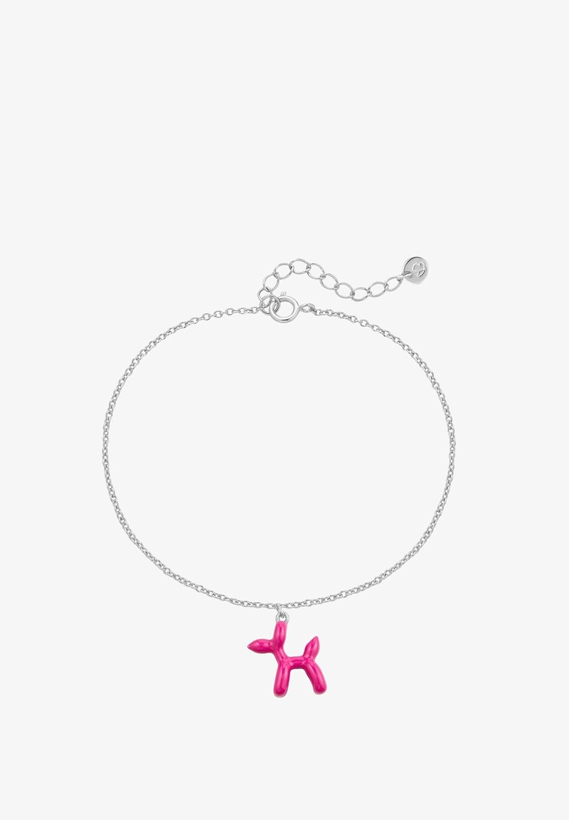 Sidabro grandinės apyrankė su blizgančiu rožiniu baliono šunimi, kuris pasižymi blizgiu paviršiumi ir išskirtine lėlės formos. Reguliuojamo ilgio.