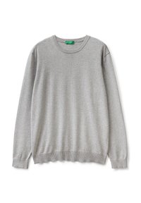 Grå sweatshirt av mjukt tyg med rund hals, långa ärmar, ribbade muddar och linning; utan synliga mönster eller detaljer.