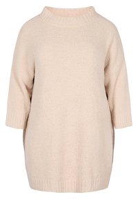 Kremowy sweter z dzianiny z wysokim kołnierzem i rękawami do łokcia. Wykonany z miękkiego, teksturowanego materiału, z prążkowanym dołem.