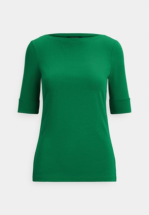 T-shirt verde justo com decote redondo e mangas até meio braço. Confeccionada em tecido macio, com punhos dobrados.