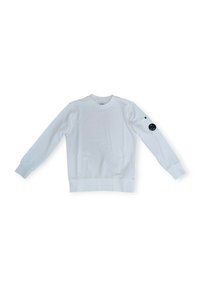 Felpa bianca in cotone, con maniche lunghe, polsini a costine e scollatura rotonda. Include un'etichetta logo circolare nera sulla manica.