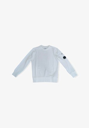 Felpa bianca in cotone, con maniche lunghe, polsini a costine e scollatura rotonda. Include un'etichetta logo circolare nera sulla manica.