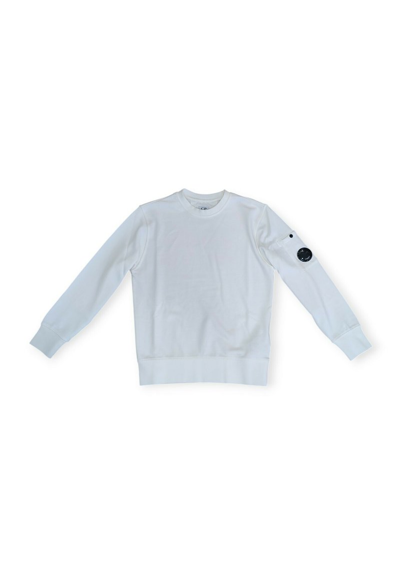 Felpa bianca in cotone, con maniche lunghe, polsini a costine e scollatura rotonda. Include un'etichetta logo circolare nera sulla manica.