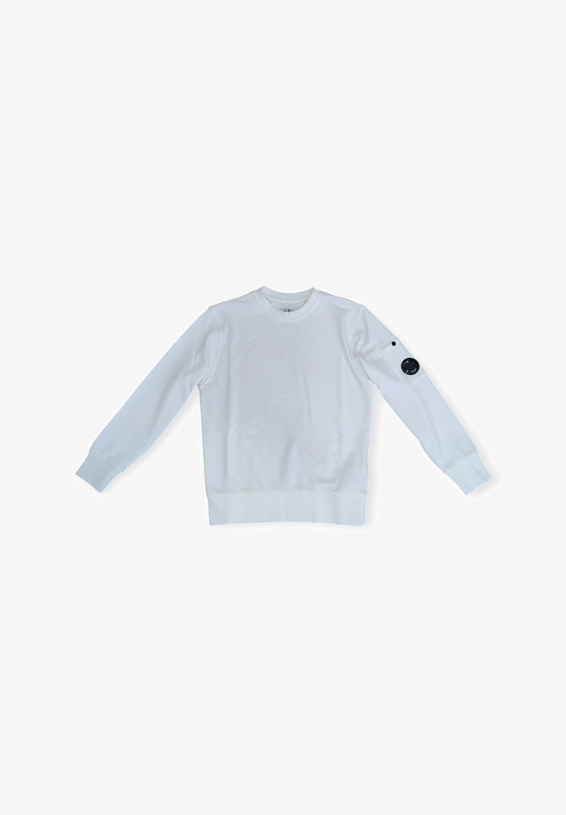 Felpa bianca in cotone, con maniche lunghe, polsini a costine e scollatura rotonda. Include un'etichetta logo circolare nera sulla manica.