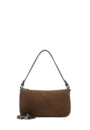 Borsa a spalla in suede marrone con tracolla nera regolabile, hardware argento e un sottile motivo diagonale con logo "Liebeskind Berlin".