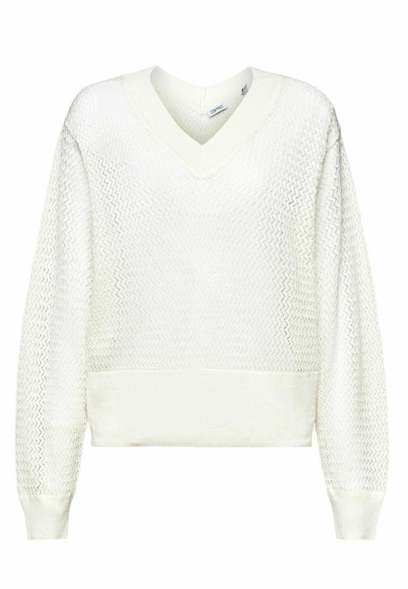 Pull en maille blanc à manches longues, en V, avec un motif zigzag et des poignets et un ourlet côtelés, étiqueté Esprit.