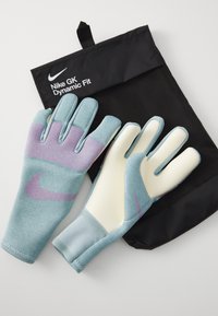 Guanti Nike GK Dynamic Fit di colore blu chiaro con grip testurizzato, dettagli viola e una borsa nera per il trasporto. Presentano un design senza dita per una maggiore flessibilità.