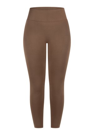 Bruine legging met een hoge, geribbelde tailleband, gemaakt van een gladde, rekbare stof, met een aansluitend ontwerp dat taps toeloopt bij de enkels.