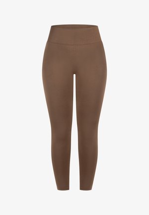 Bruine legging met een hoge, geribbelde tailleband, gemaakt van een gladde, rekbare stof, met een aansluitend ontwerp dat taps toeloopt bij de enkels.