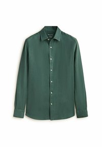 Camicia verde a maniche lunghe in tessuto liscio, con colletto a punta, chiusura frontale con bottoni e polsini con bottoni. Design minimalista, senza motivi.