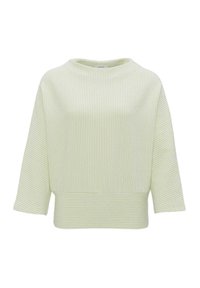 Maglione a strisce verde chiaro con scollatura rotonda, maniche a tre quarti e orlo a coste. Realizzato in un morbido tessuto testurizzato.