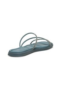 Teal slip-on sandals with padded footbed, featuring thin crisscross straps and subtle metallic detailing. Smooth texture and minimalist design.