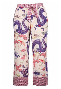 Lichtgewicht crèmekleurige broek van stof met paarse draak- en bloemenmotieven. Rode geometrische tailleband en afwerking. Losse pasvorm, enkel-lange stijl.