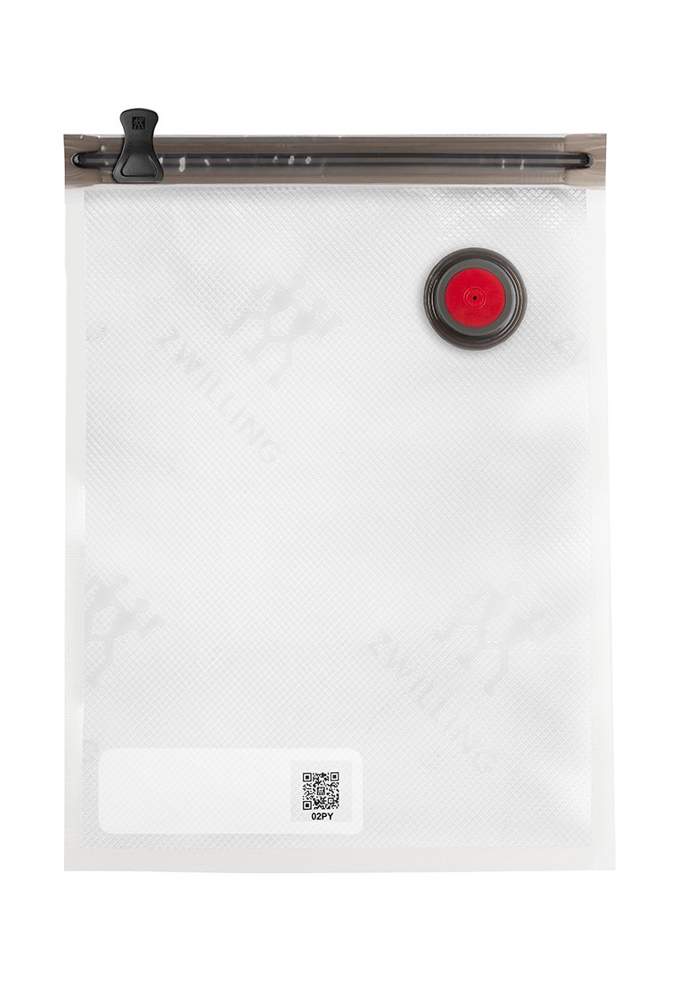Transparenten Plastiklebensmittellagerbeutel mit einem schwarzen Schiebverschluss, einem roten Ventil und einem weißen Beschriftungsbereich mit einem QR-Code.