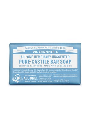 Dr. Bronner's All-One Hemp Baby Duftloser reiner Kastilien-Seifenriegel mit Bio-Ölen, Fair Trade zertifiziert, 5 oz blaue Verpackung.