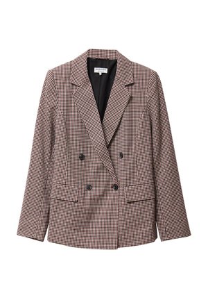 Dubbelbreasted blazer in een houndstooth patroon, met gestructureerde schouders, twee voorkruiken en zwarte voering. Gemaakt van textiel in tinten rood en zwart.
