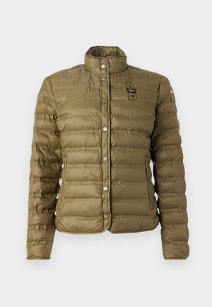 Olive green puffer jacket with a high collar, snap buttons, and quilted texture. Features a brand label on the chest and ribbed cuffs.