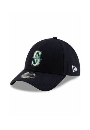 Casquette de baseball marine avec un logo Seattle Mariners brodé en relief en teal et blanc, avec une visière courbée et un tissu respirant.