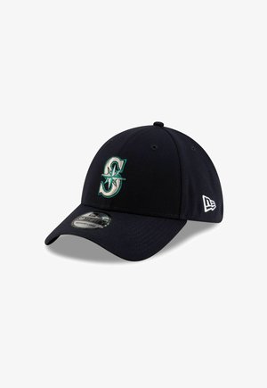 Casquette de baseball marine avec un logo Seattle Mariners brodé en relief en teal et blanc, avec une visière courbée et un tissu respirant.