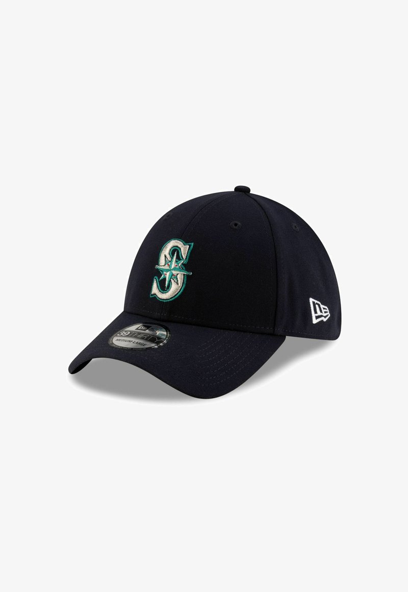 Marineblaue Baseballmütze mit einem hervorgehobenen, gestickten Logo der Seattle Mariners in Türkis und Weiß, einem gebogenen Schirm und atmungsaktiven Stoff.