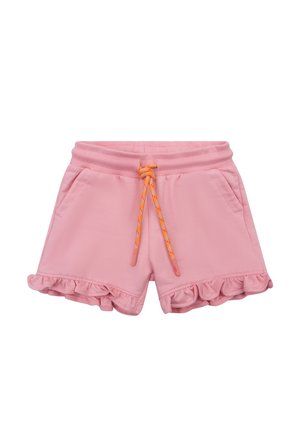 Roze peutershort met gerafelde zoom, oranje trekkoord, elastische tailleband en voorzakken, weergegeven op een witte achtergrond.