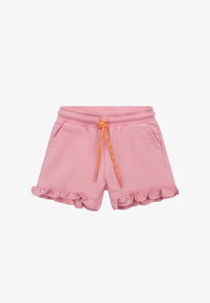 Roze peutershort met gerafelde zoom, oranje trekkoord, elastische tailleband en voorzakken, weergegeven op een witte achtergrond.