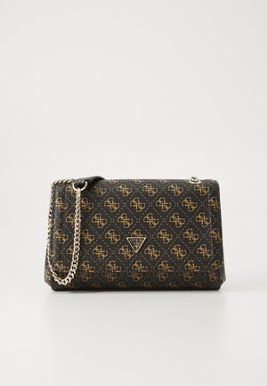 Black textured bag with a chain strap, featuring a gold logo pattern and a metal logo plaque. Compact rectangular shape, zip closure.