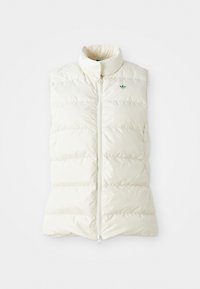 Puffy sleeveless vest in off-white, featuring a high collar, front zipper, and green logo detail on the left chest. Smooth, textured fabric.
