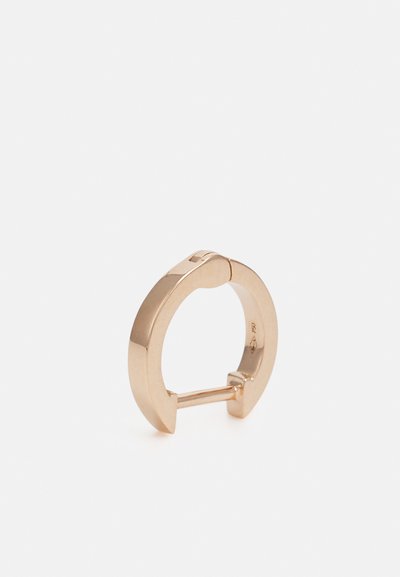 Cercei din aur cu tonuri aurii, cu un design geometric, având un sistem de închidere cu balama și un finisaj lucios. Formă circulară, cu o grosime ușoară.