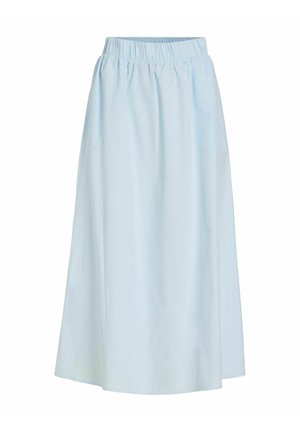 Světle modrá midi sukně s elastickým pasem a volnou, lehkou látkou na bílém pozadí.