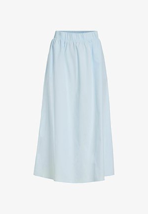 Světle modrá midi sukně s elastickým pasem a volnou, lehkou látkou na bílém pozadí.